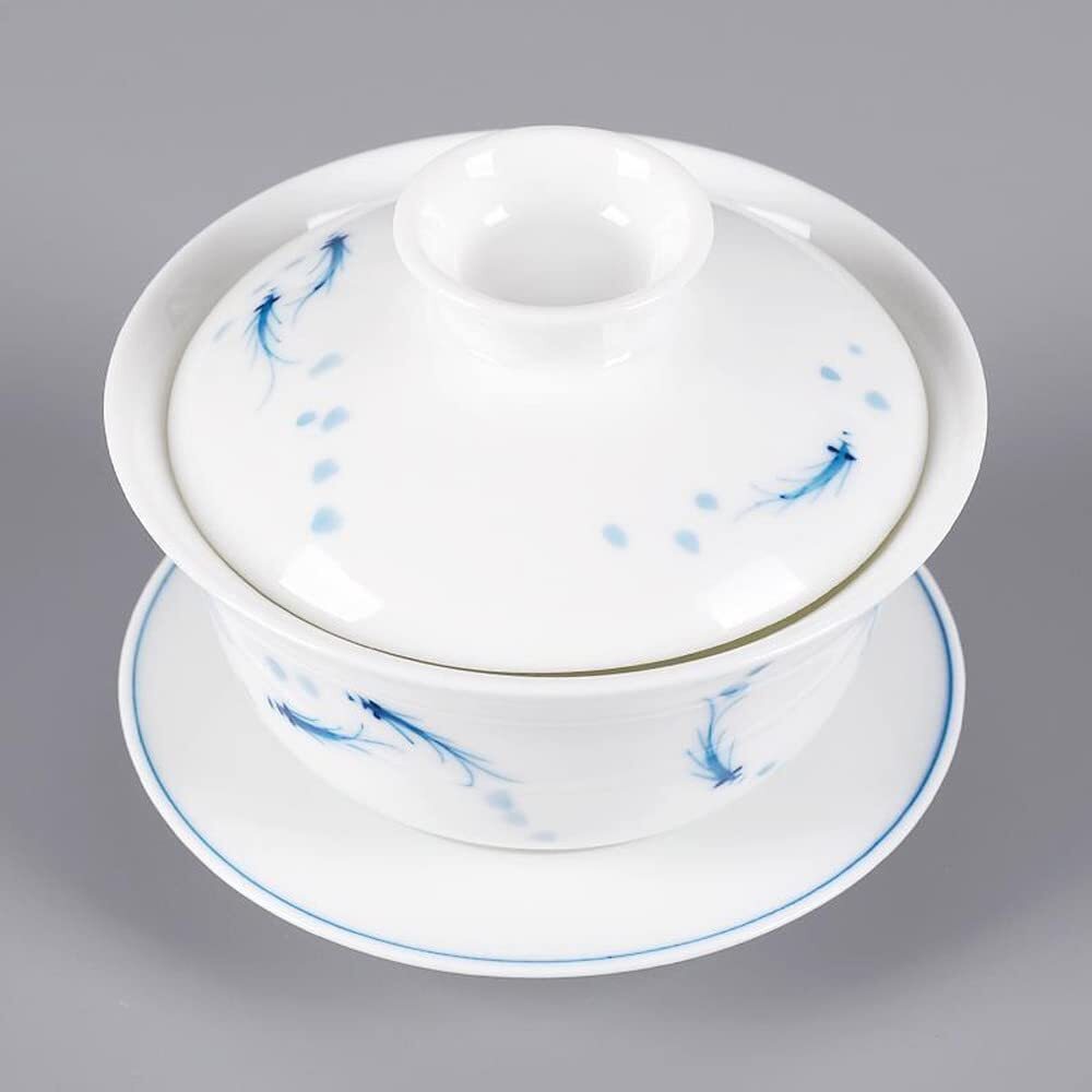 150ml Fish Painted Gaiwan Teacup Blue White Porcelain Teabowl Ceramic Tea Set