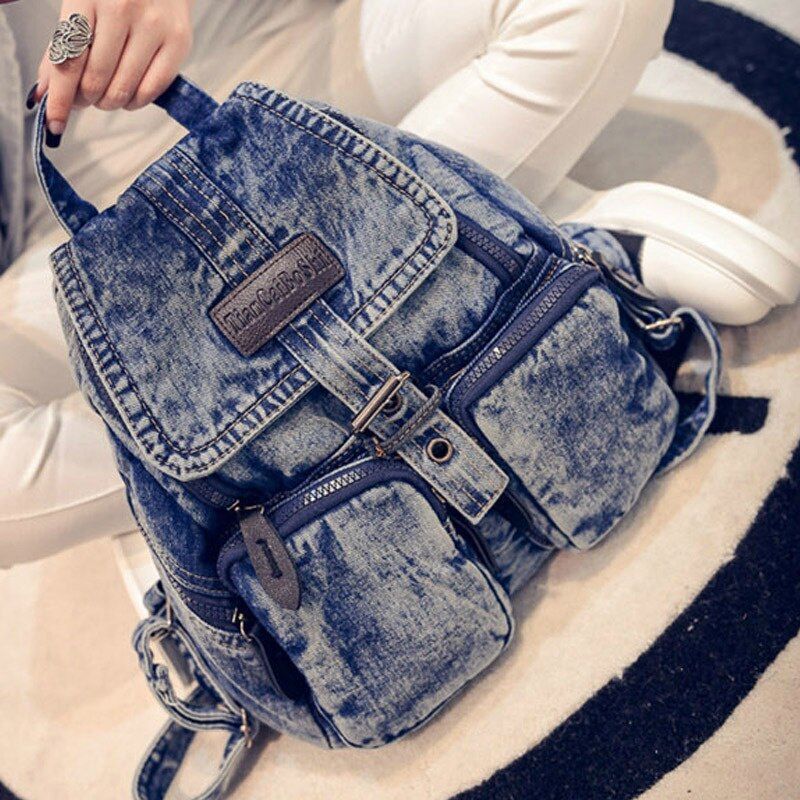 Women Fashion Denim Washed Retro Student School Bag Denim Backpack 30*32*12 CM