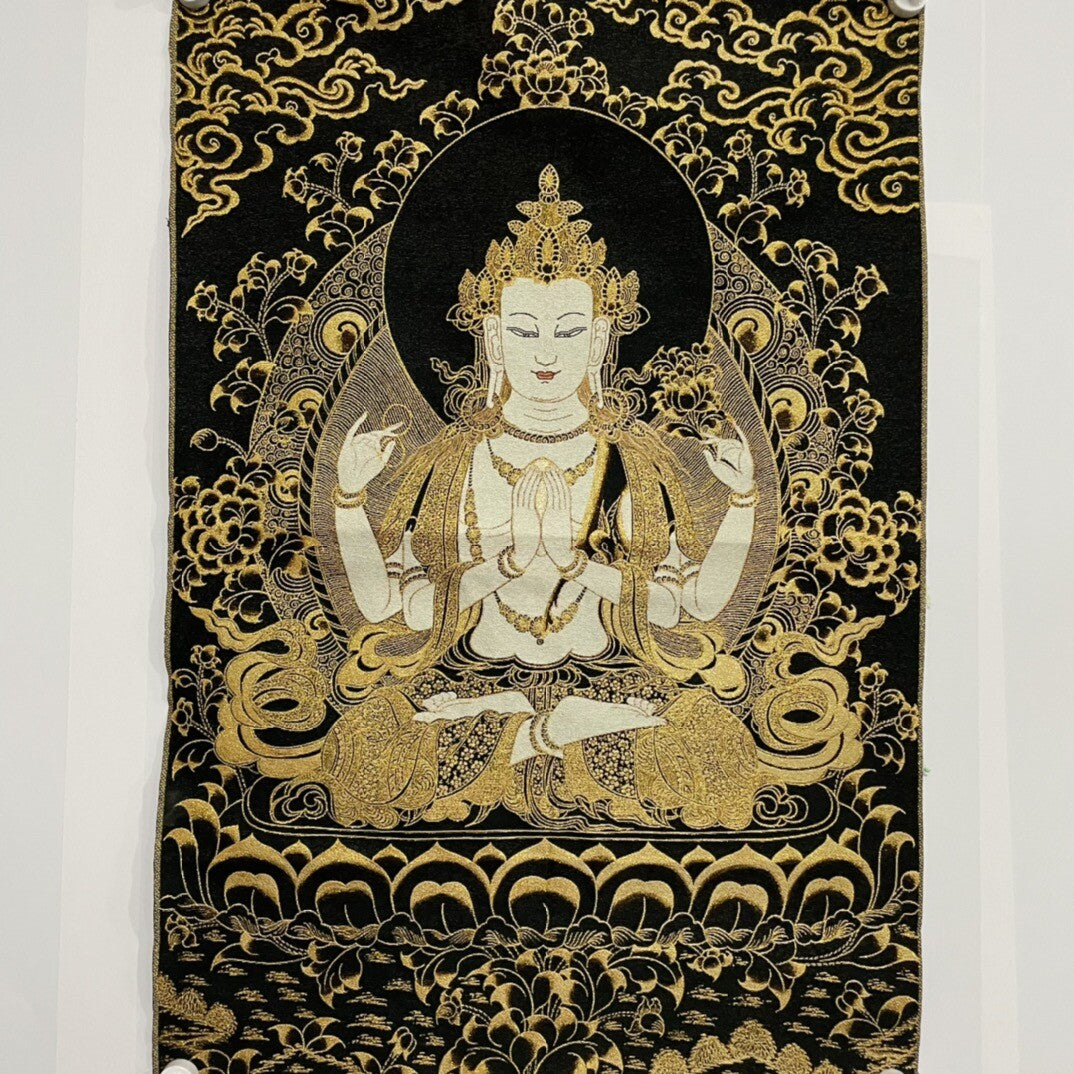 35" Decor Silk Cloth Embroidery black gold 4 Arm kwan yin thangka Mural guanyin