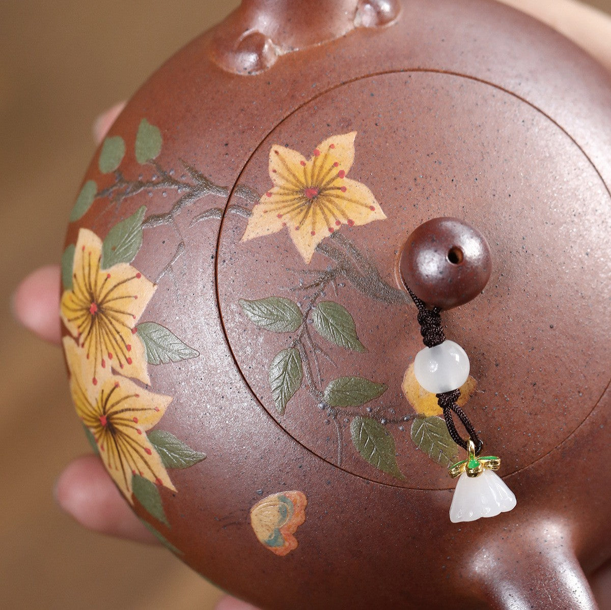 Handpainted Floral Relief Yixing Zisha Tea Pot Ball Shaped Infuser Holes Marked
