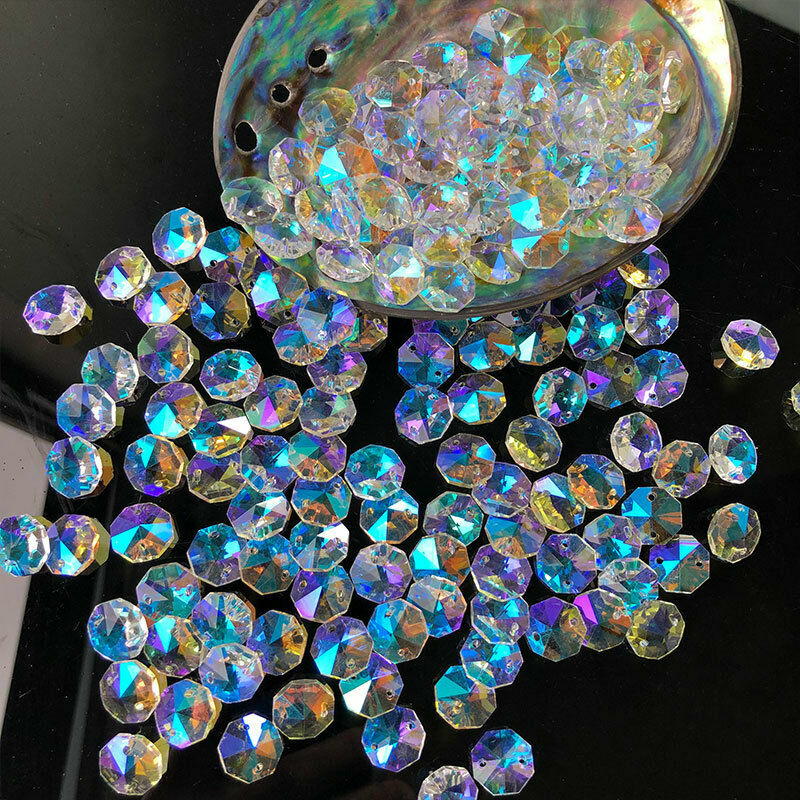 100PC AB Aurora Feng Shui Octagonal Bead Pendant Glass Faceted Prism Chandelier