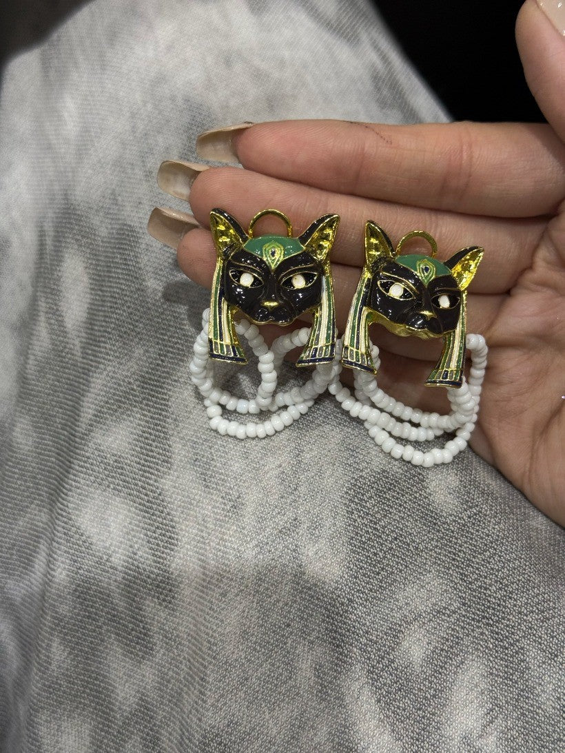Vintage Egyptian Cat Earrings Enamel Pearl Retro Court Ear Clips