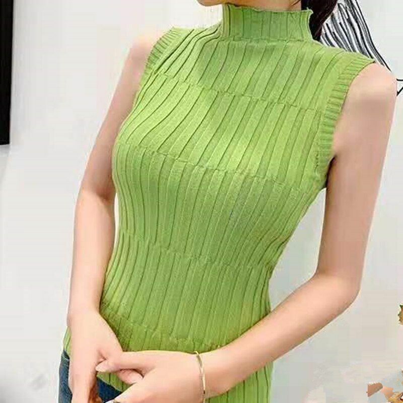 Women Tanks Tops Knitted Solid Sleeveless O-Neck Slim Crop Solid Casual Short