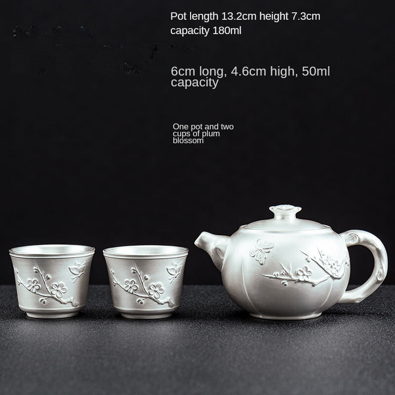 Silver Tea Set One Pot Two Cups Ceramic Kung Fu Teapot Silver Lid Bowl