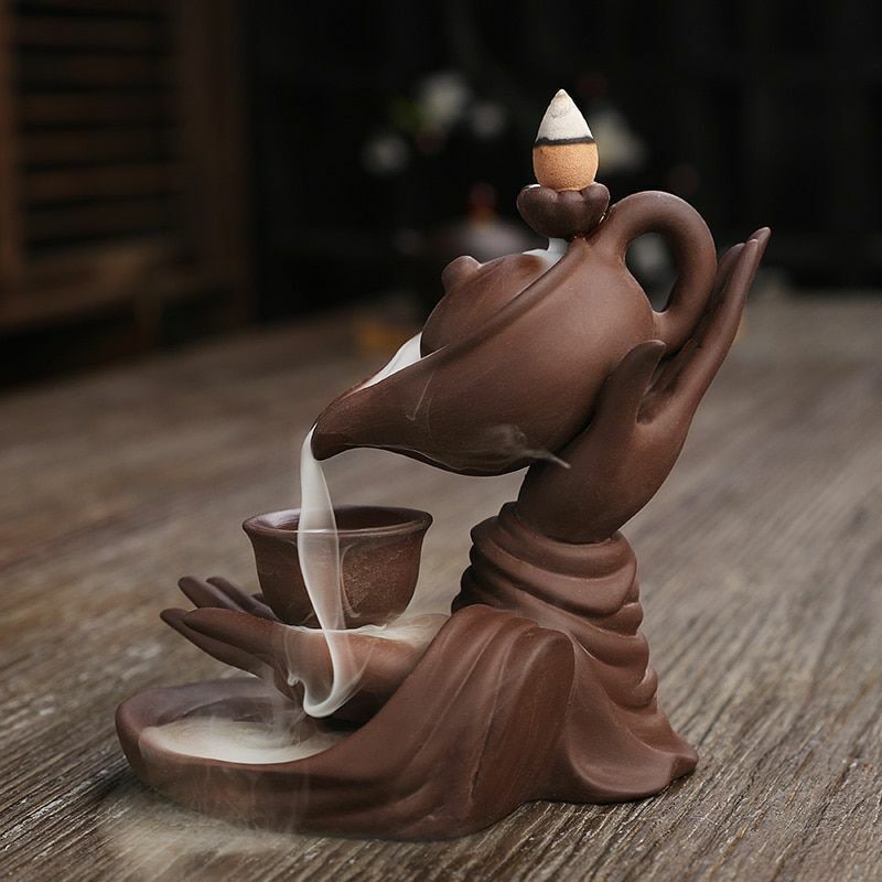 Creative Meditation Zen Buddha Hand Lotus Back flow Incense Burner Home Decor