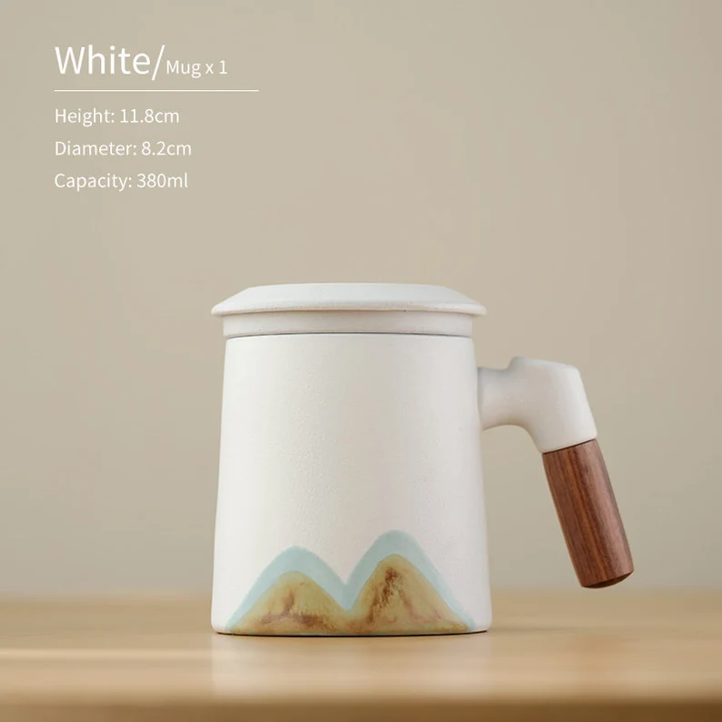 Embersceramic Handpainted Mountain Ceramic Teacup with Infuser Cozy Mug 380ml