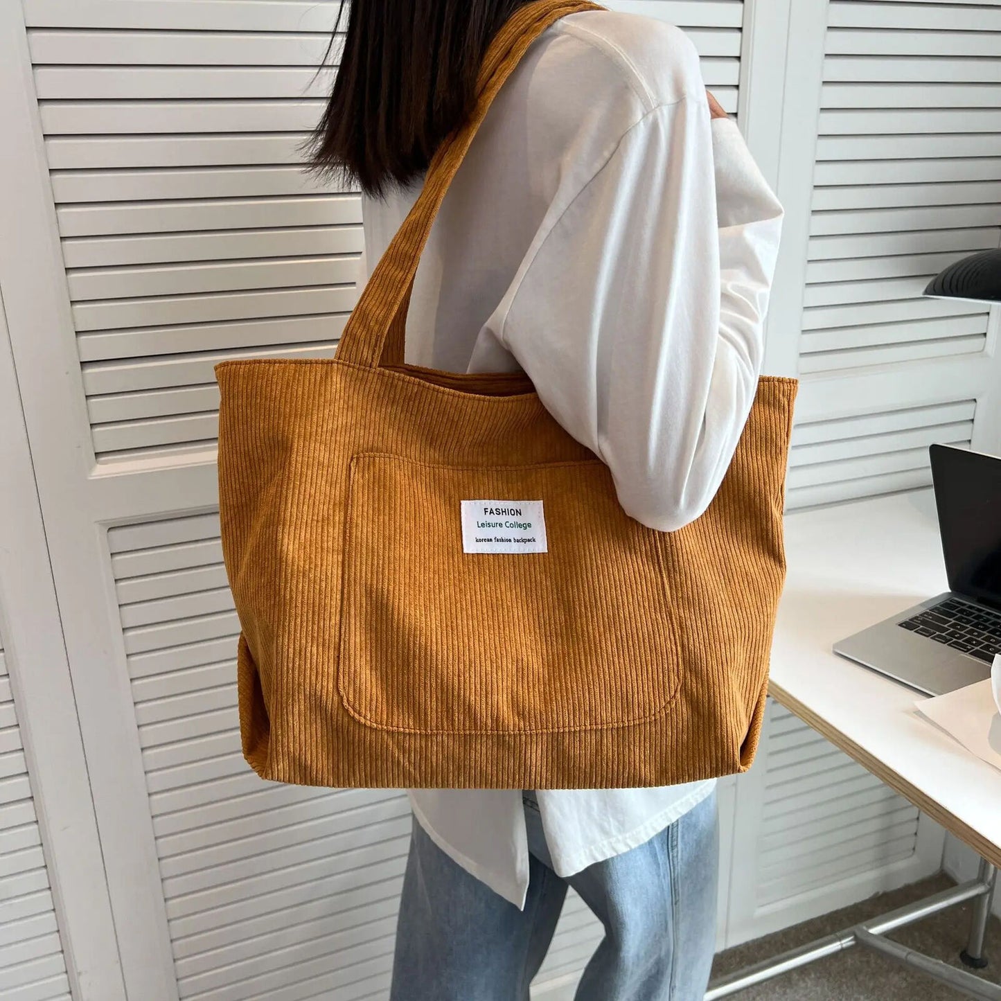 Corduroy Shoulder Bag Simple Handbag Leisure Student Side Bags for Woman