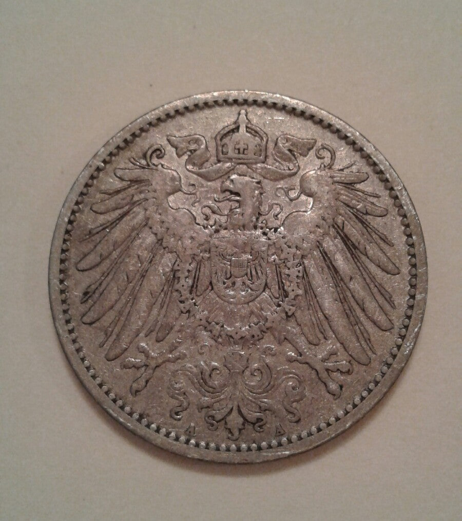1904 Germany 1 Mark Wilhelm II Crowned Imperial Eagle Shield Silver Coin 德国马克银币