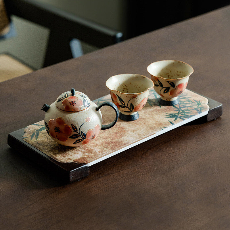 Handpainted Tea Pot Matching Tea Cup Ceramic Pot Ball Shaped Infuser Holes Tray