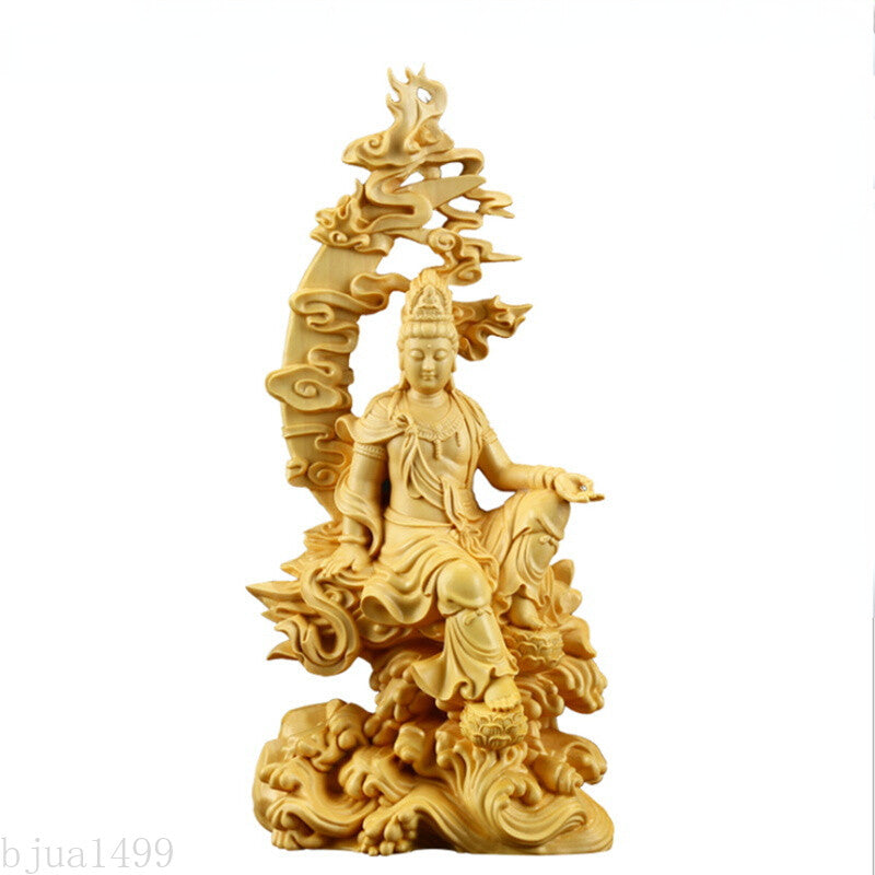 Modern Solid Wood Water Moon Guanyin Statue Finely Carved Buddha Statues