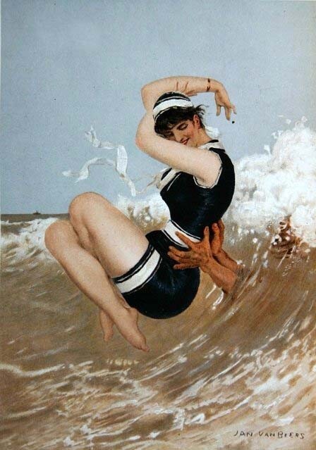 Art Oil painting Jan_Van_Beers-La_vague swimming woman with ocean waves