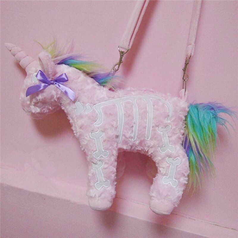 Dark Punk Unicorn Backpack Gothic Rock Plush Flying Horse Stuffed Crossbody Bags