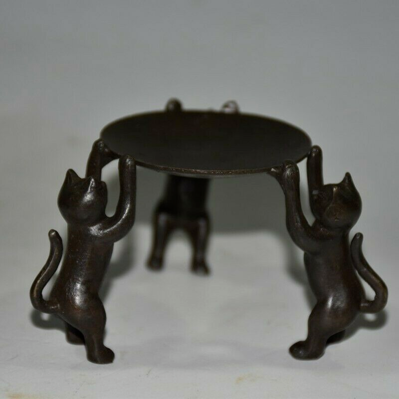 Old Chinese bronze copper handmade Three cats Candlestick statue