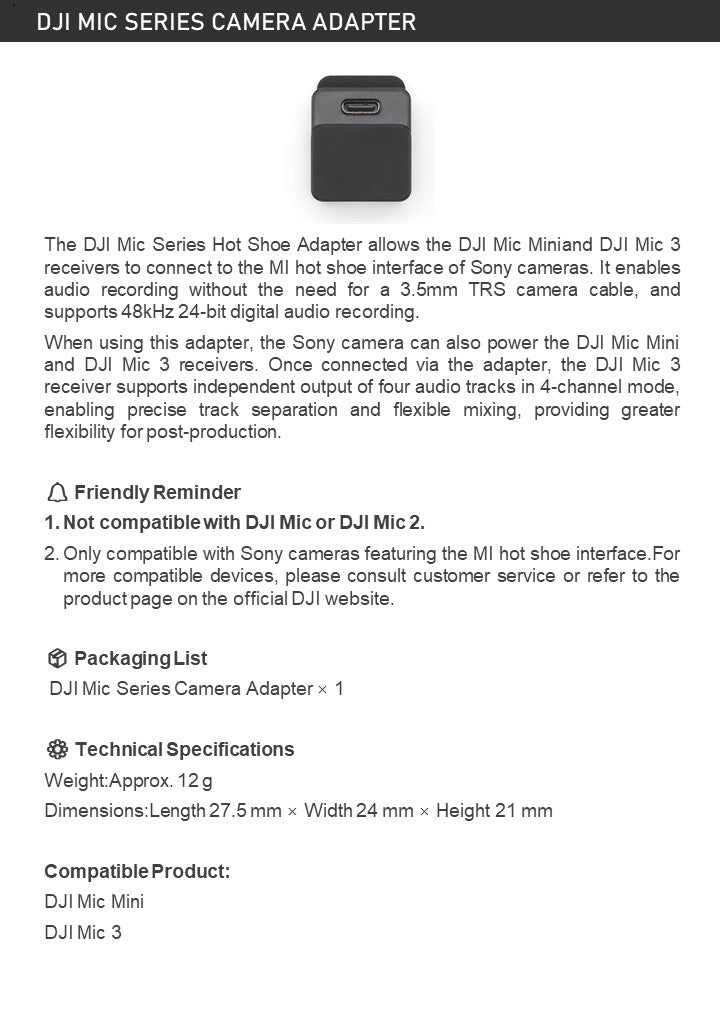 DJI Mic Mini Camera Adapter for Sony Cameras