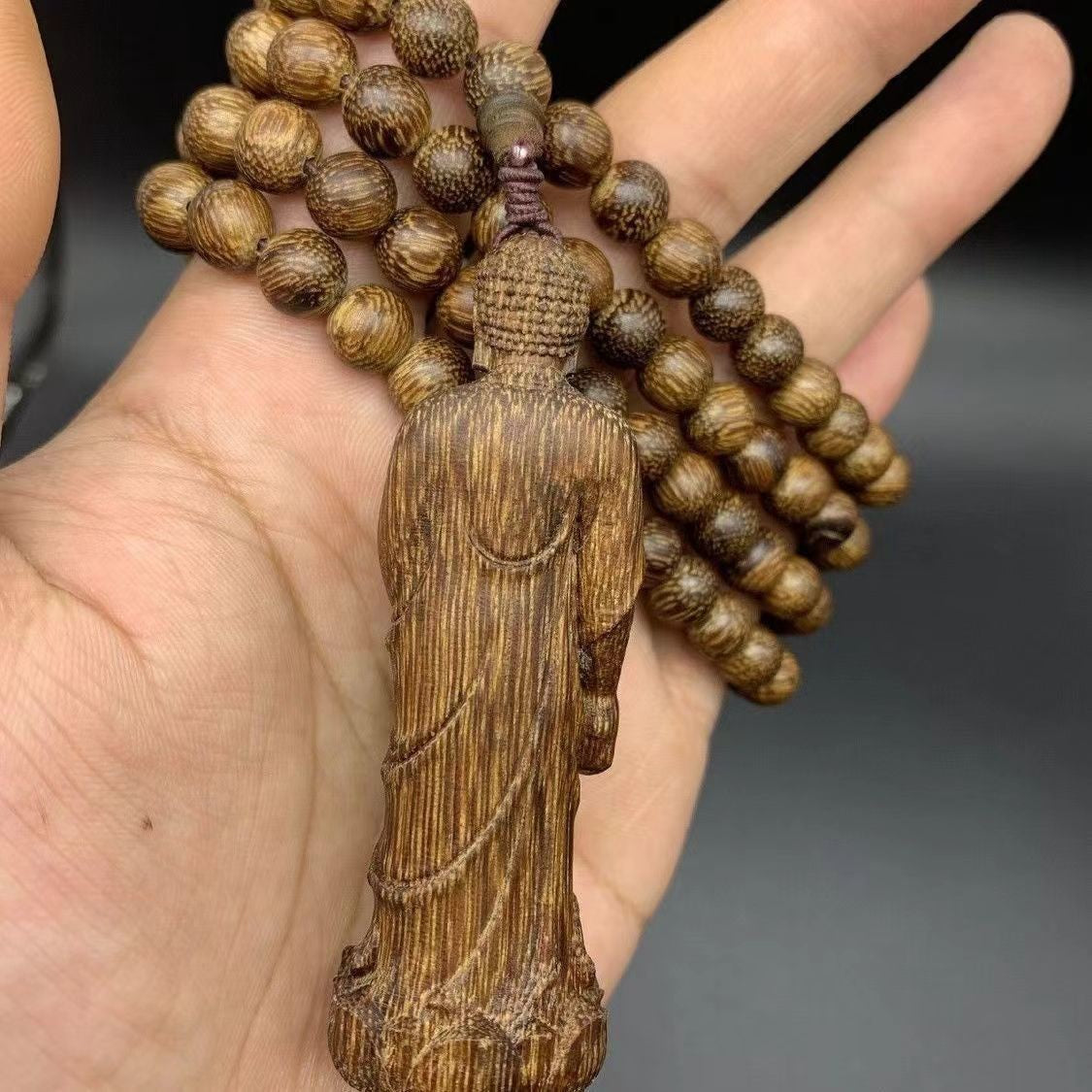 8mm*108 Beads Natural Wood Rulaifo Buddha Pendant Blessing Necklace