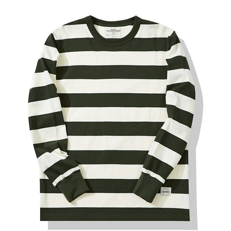 280g Heavyweight Cotton Striped Long Sleeve T-Shirt Men Autumn Navy Thick Tops