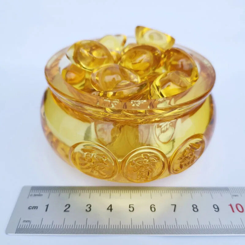Feng Shui Paperweight Crystal Cornucopia Glass Treasure Bowl with Ingots Coins