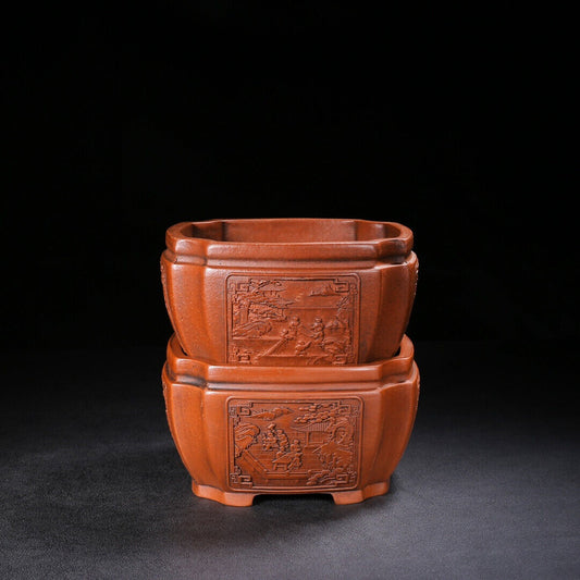 Chinese Yixing Zisha Clay Handmade Exquisite Teapot (花盆(一对) 底款:铁画轩)