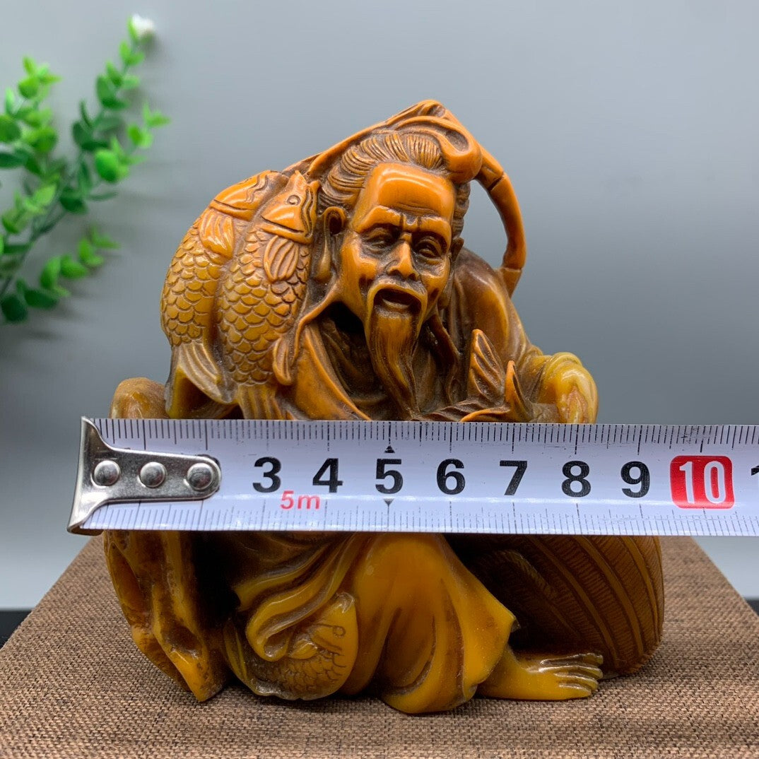 4" Noble Old Shoushan Stone Handwork Carved Old Fisherman Fish Statue Seal Stamp