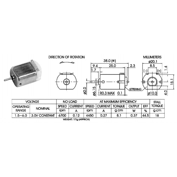 3V DC Motor with Wire Leads, 11,000 RPM (1" x 0.8" x 0.6")