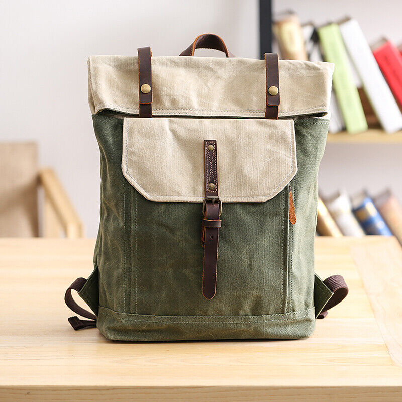 Water Resisant Vintage Waxed Canvas Backpack Fold-Over Satchel 14" Laptop Bag