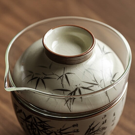 Antique Style Ruyao Crackle Glaze Porcelain Tea Set Travelling Bag Bamboo Print
