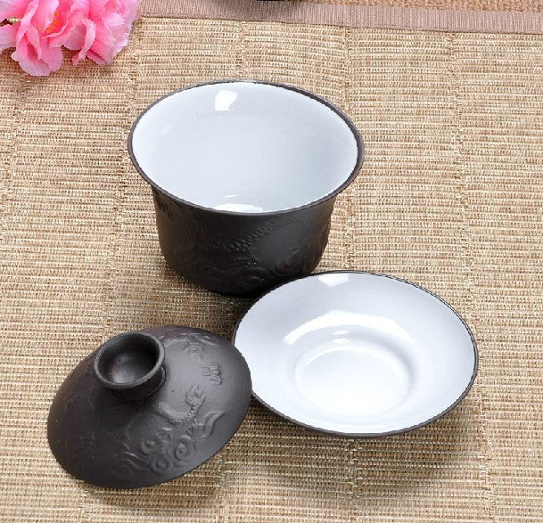 Gaiwan Dragon Carved Zisha Tea Set Gaiwan Cup Saucer Kung Fu Travel Tea Set Pot