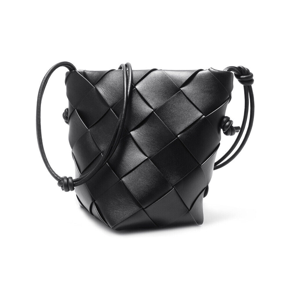 Woven Real Leather Bucket Basket Shoulder Bag Clutch Purse Tote Crossbody Women