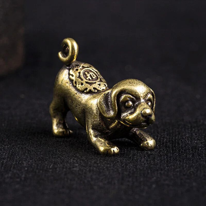 Brass Lucky Puppy Figurines Desktop Retro Copper Zodiac Animal Dog Tea Pet