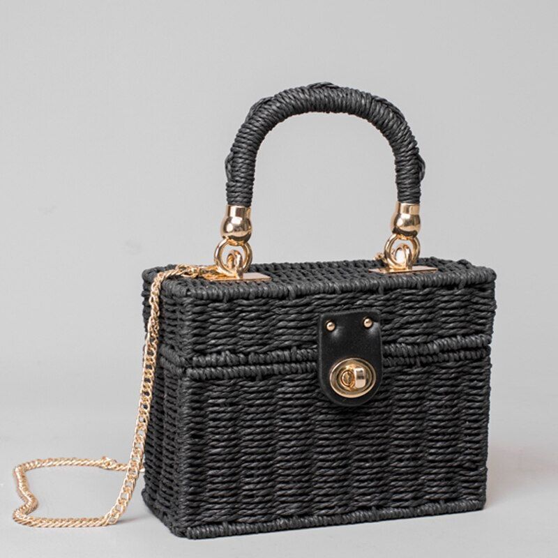 Black Straw Shoulder Bag Hand-woven 19*14*7CM Bag Beach Square Box Straw Handbag
