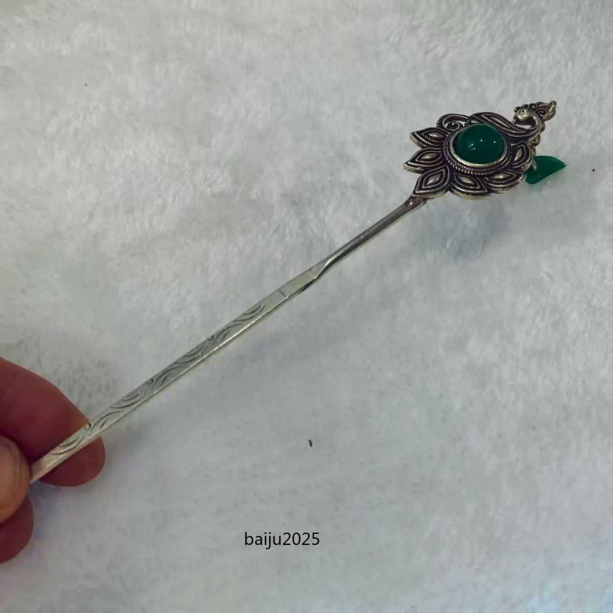Green Jade Inlaid Old Tibetan Silver Hairpin,Chinese Old Craft Made A