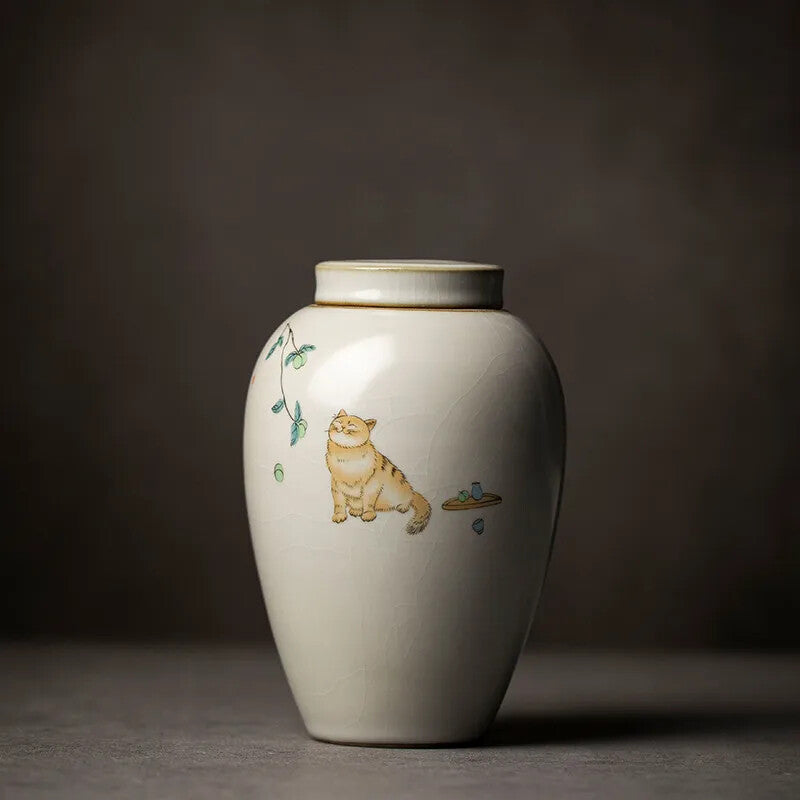 1pc Retro Ru Kiln Ceramics Tea Caddy Cute Cat Pattern Portable Sealed Containers