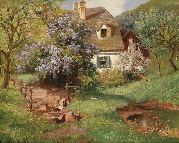 Wonderful Oil painting spring landscape Foraging cock hens before house canvas