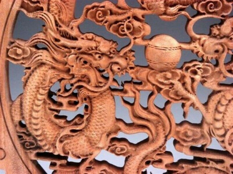 Hand Carved Camphor Wood Round Plate Wall Sculpture Dragon Statue