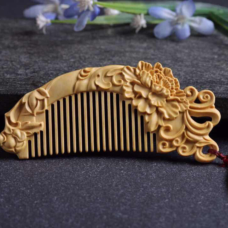140*65*13mm Peony Flowers Pattern Hand Carving Boxwood Crafts Gift Comb