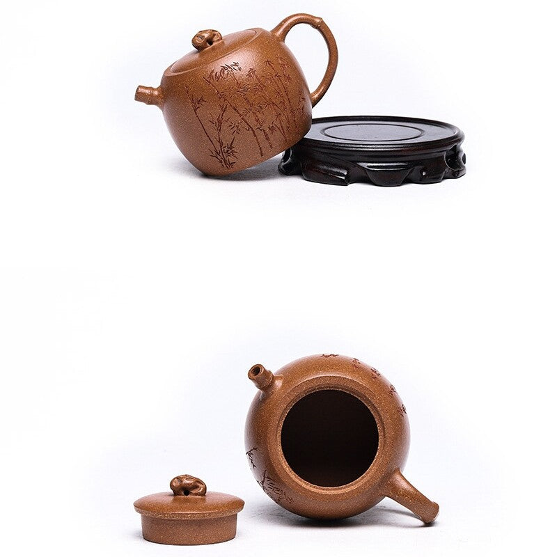 Handmade Tea Pot With Certificate Paper Chinese Character Bamboo Carve Zisha Pot