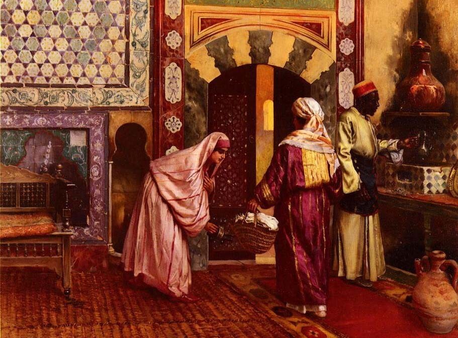 Oil painting Rudolph-Ernst-The-Hammam arab man woman lady portrait in house art