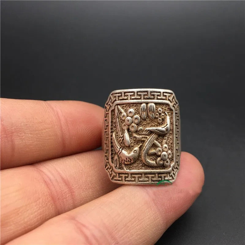 1pc Old Chinese Tibetan Wolf Head Monkey Head Flowers Bird Jewelry Finger Ring
