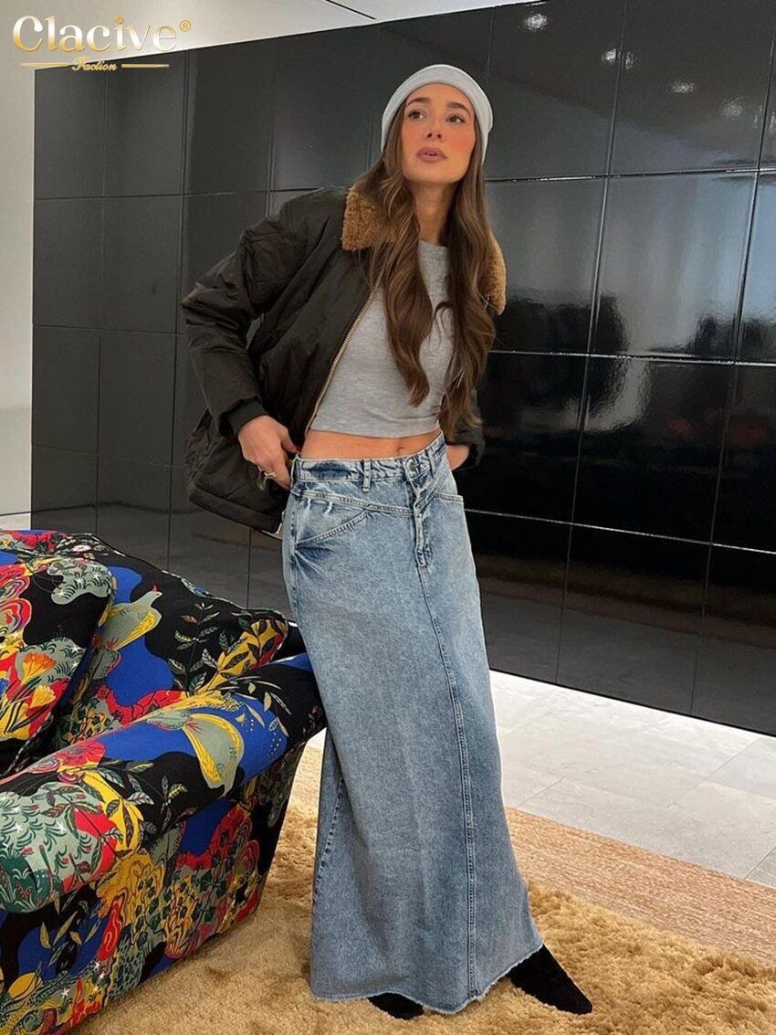 Skirts Women Office Lady Long Skirt Blue Denim Skirt Female Clothing