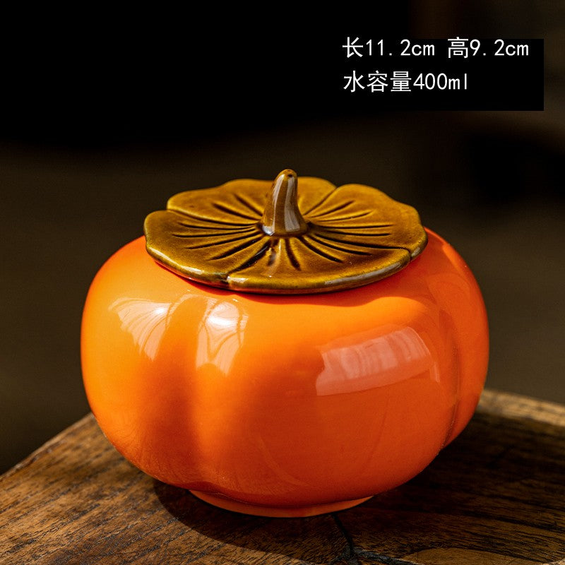 Persimmon Tea Jar Chinese Ceramic Small Size Portable and Sealed Tea Jar