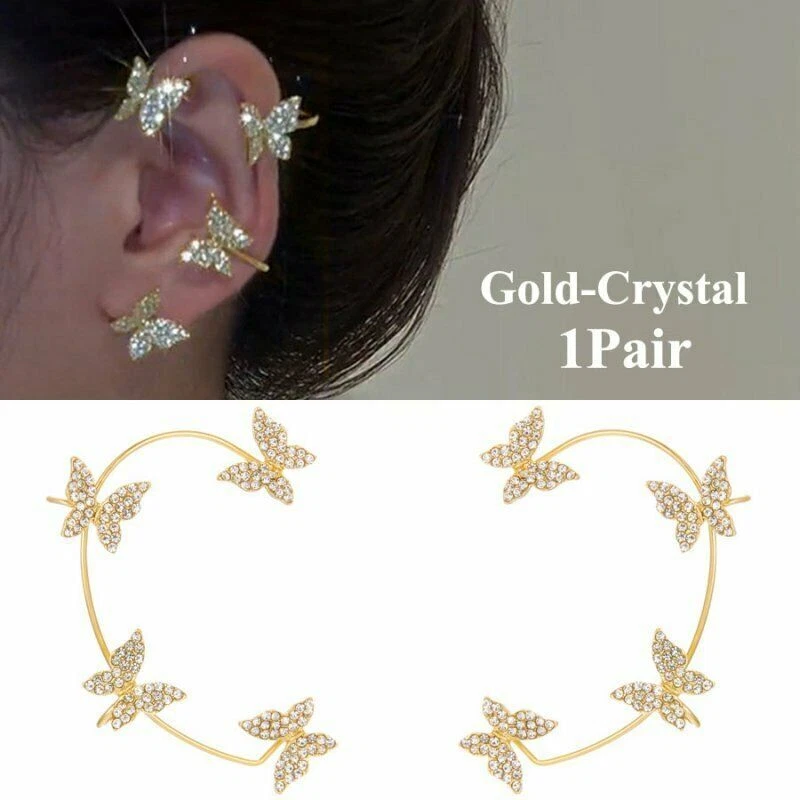 1 pair Butterfly Ear Clip Silver Zircon Earrings Cuff Wrap Women Jewelry Gifts
