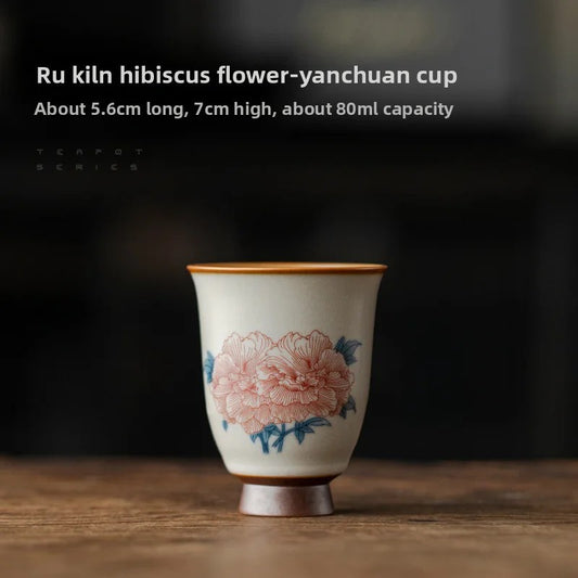 80ml Chinese Ru Kiln Porcelain Hibiscus Flower Tea Cup Meditation Cup Pu 'er Cup