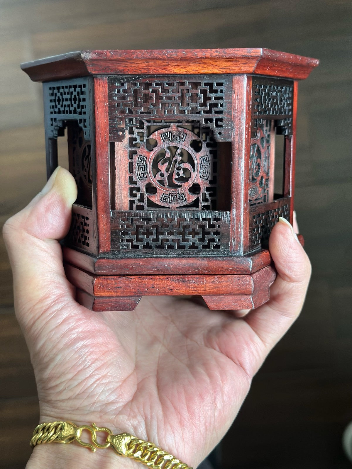 Red Rosewood Incense Burner Hexagonal Hollow Double Layer Wood Censer 10×13.5cm