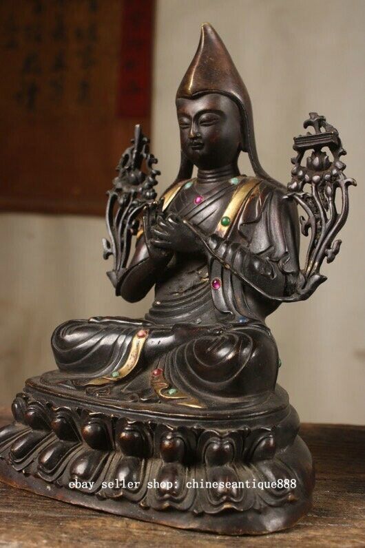7" Old Tibet Bronze Gilt Inlay Gems Je Tsongkhapa Lama Guru Master Buddha Statue