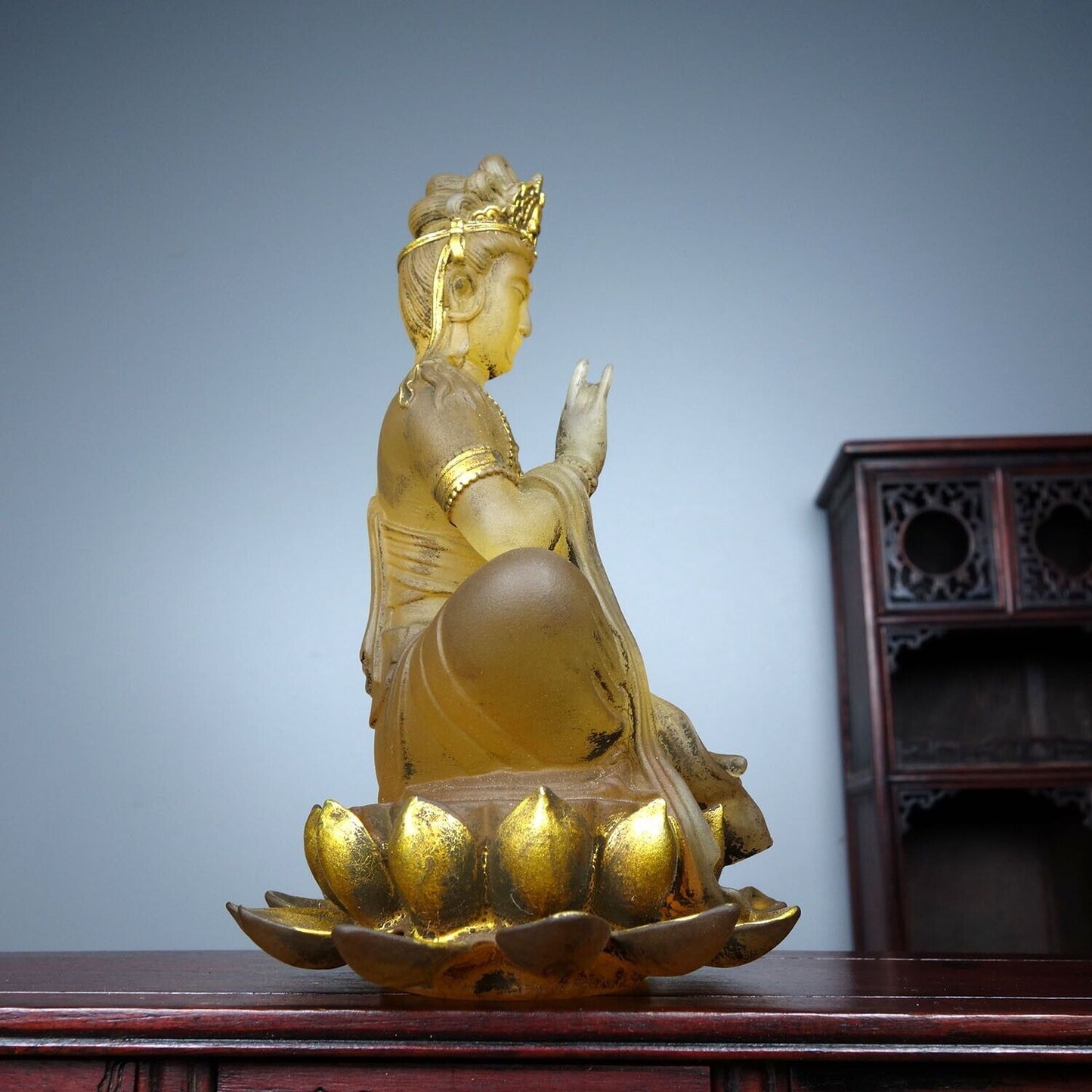 Collect China old Coloured glaze gilt carefully carve lotusbottle guanyin statue