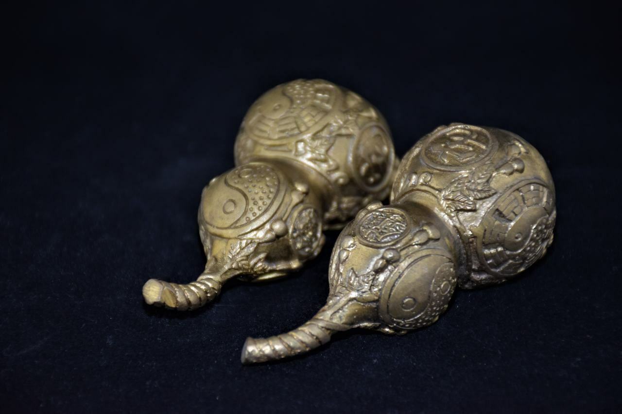 Vintage Chinese Pair Brass TAI-CHI Bottle Gourd