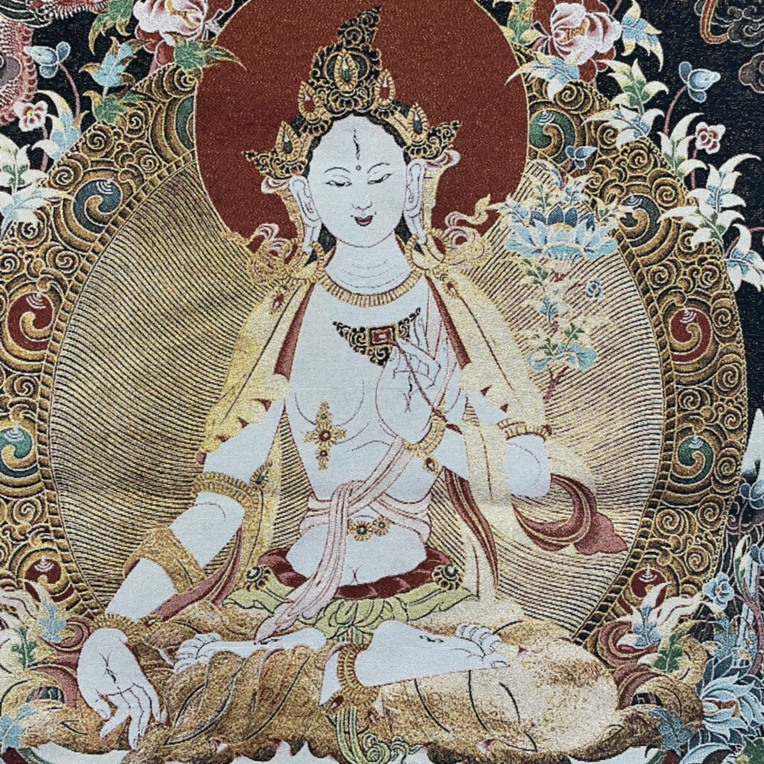 35" Decor Tibet Silk Cloth Embroidery White Tara Thangka Mural Tapestry Dragon