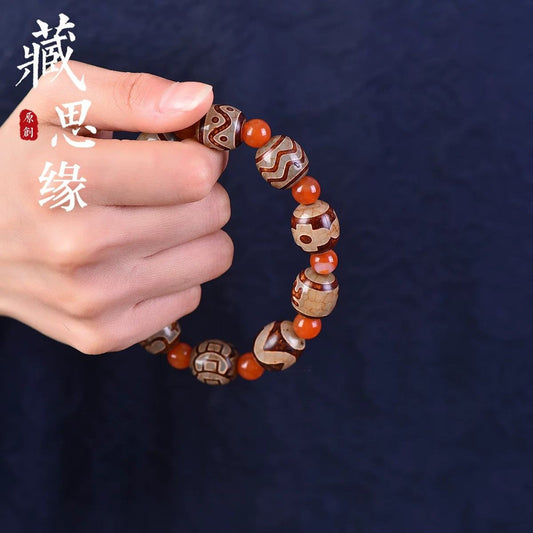 Tibetan Style Agate Dzi Bead Bracelet Treasure Vase Totem Multi Gem Unisex