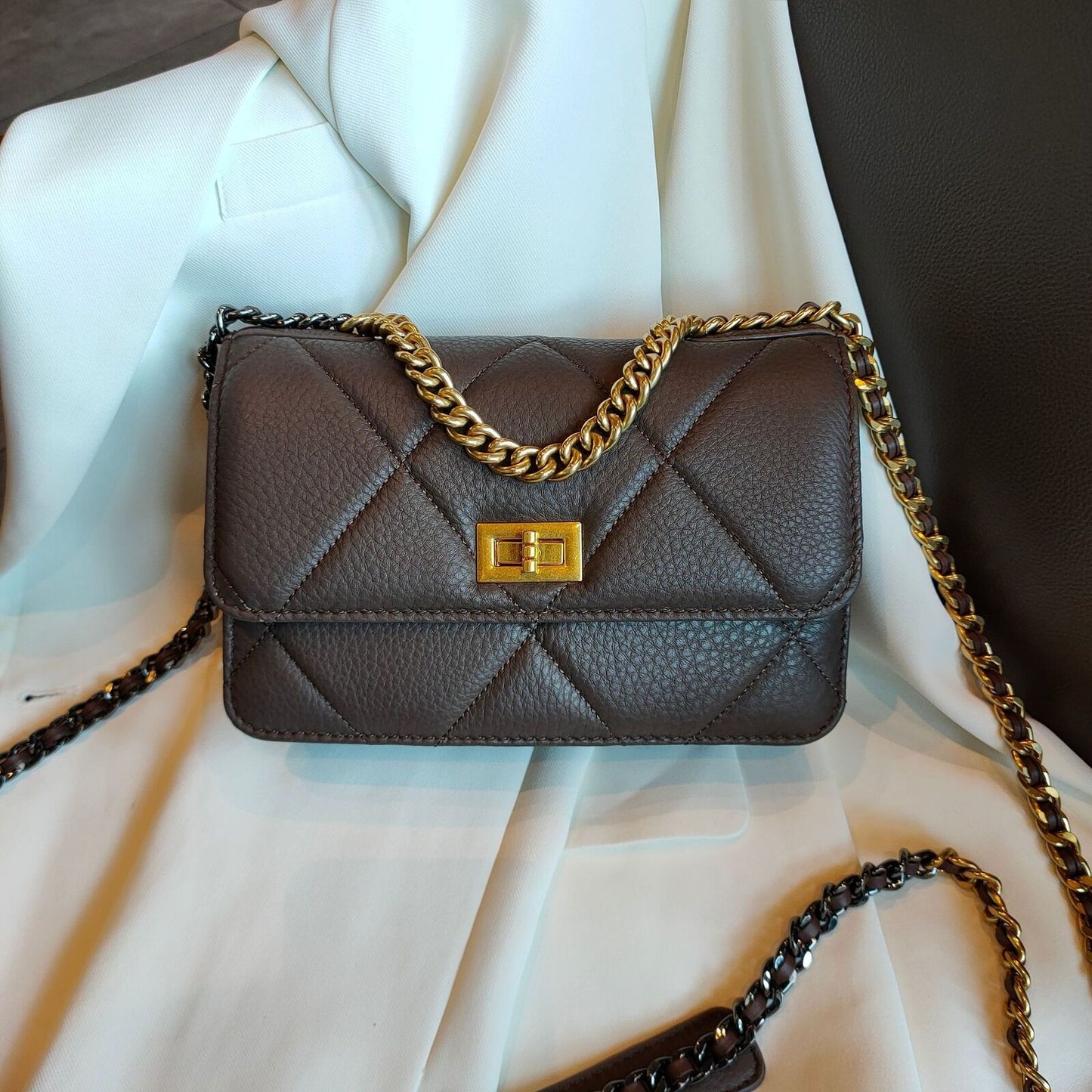 Quilted Real Leather Small Flap Shoulder Bag Tote Clutch w/ Gold & Silver Chain