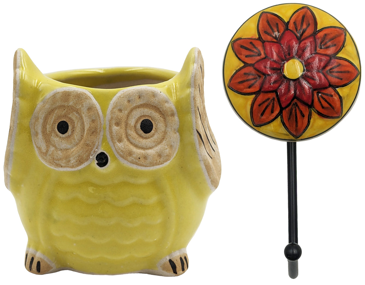 Vibrant Yellow Handcrafted Macramé Hanging Plant Hanger w/ Ceramic Owl Planter